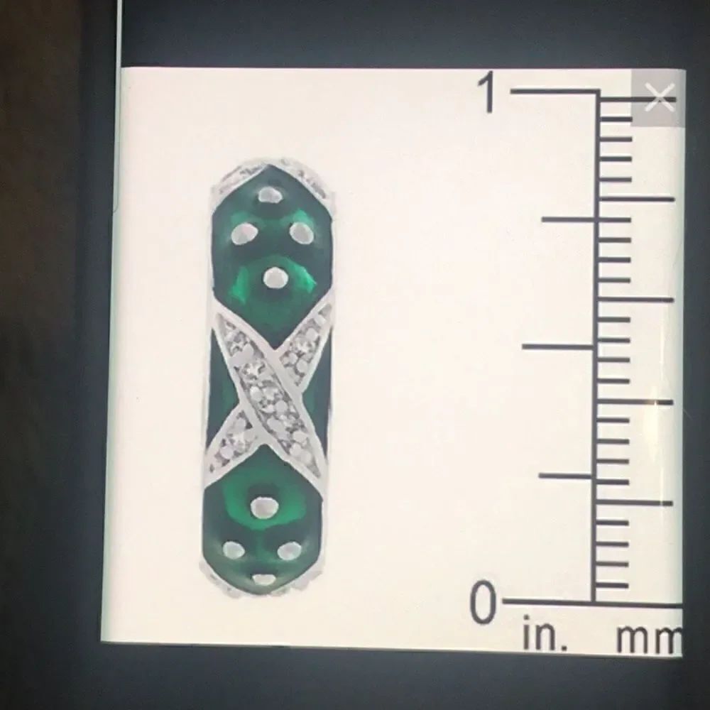Green Enamel & CZ “X” Design Stack Band Ring - Picture 3 of 6